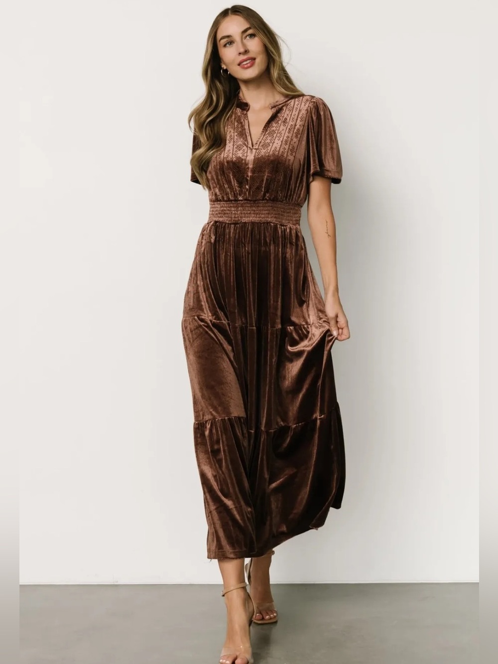 Baltic Born Chocolate Velvet Smocked Waist Maxi Dress Maida Embroidered Dress